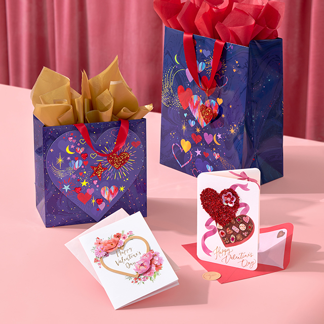 Celestial heart Valentine's Day bags and Papyrus Valentine's Day cards